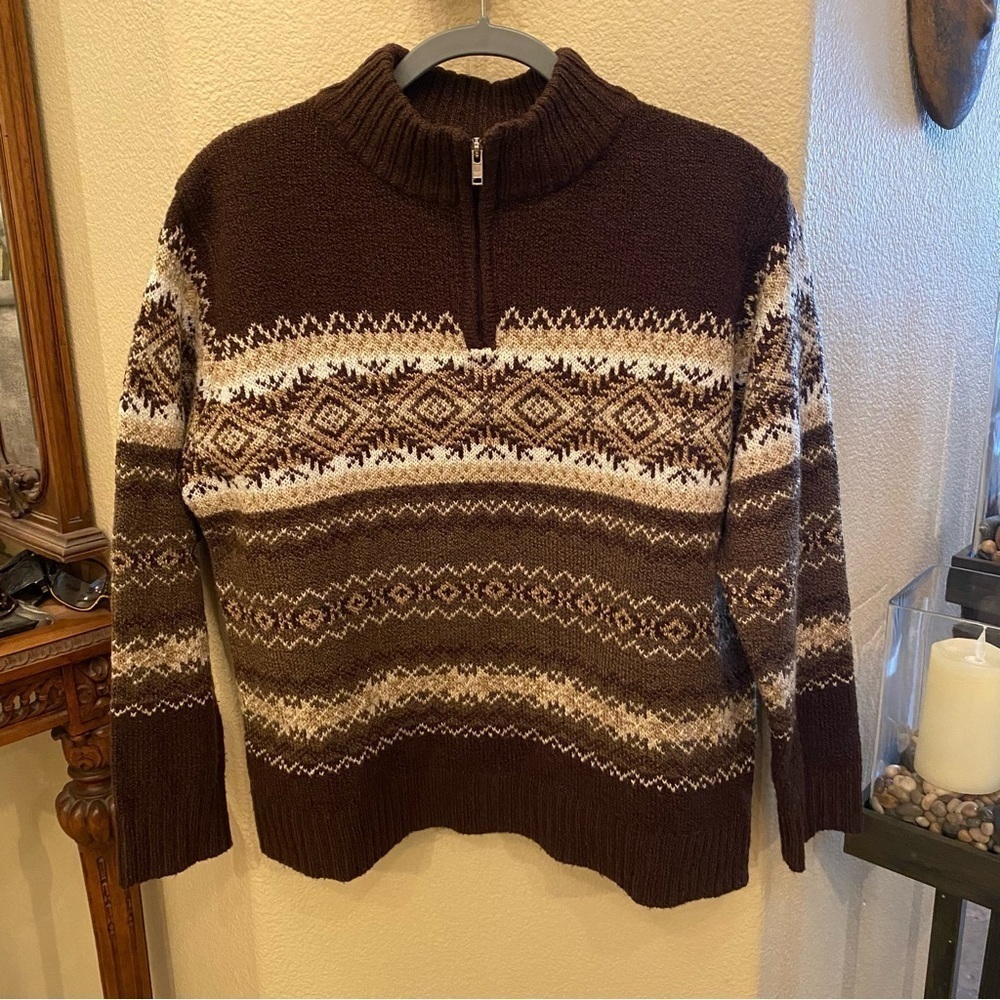 Vintage CAROLYN TAYLOR Brown Earthy Color Fair Isle 1/4 Zip Mock Neck Sweater-M